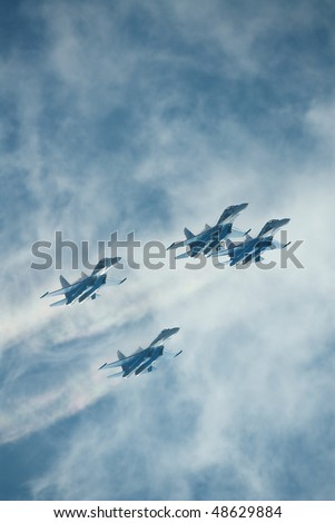 RUSSIA, MAKS - AUGUST 28: SU-27 fighters performing group aerobatic elements at MAKS  aviation salon August 28, 2007 in Zhukovski, Russia
