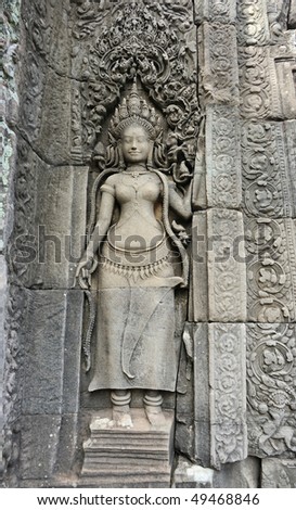Cambodia. Siem Reap. Angkor Tom. Stone dancer of Bayon temple