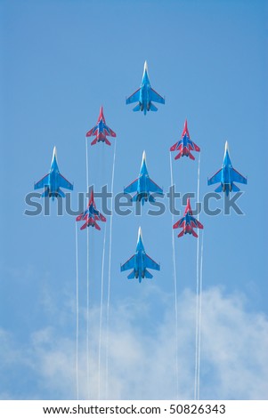 RUSSIA, MAKS - AUGUST 26: SU-27 and MIG-29 fighters performing group aerobatic elements at MAKS  aviation salon August 26, 2007 in Zhukovski, Russia