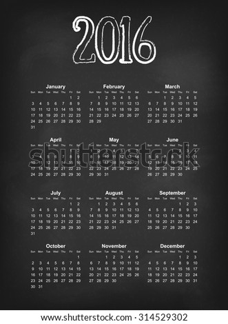 2016 calendar on black chalk board  American, Canadian calendar grid - weeks starts on Sunday