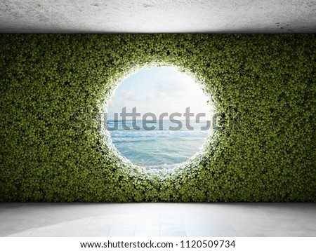 Large round window in the wall from vertical garden. 3D illustration.