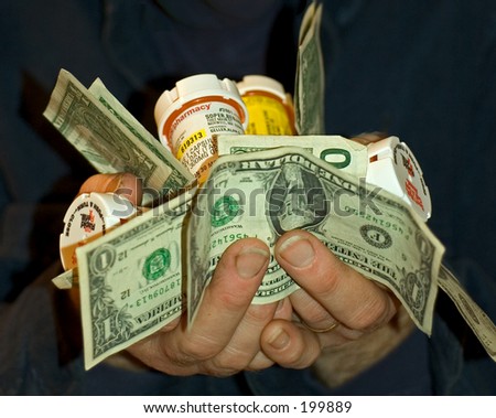 hands holding pill bottles and money bills illustrating the high cost of medications