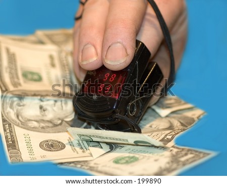 image of oxygen meter surrounded by money illustrating the high cost of medical care