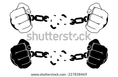 Male hands breaking steel handcuffs Black and white vector illustration isolated on white Male hands breaking steel handcuffs Black and white vector illustration isolated on white