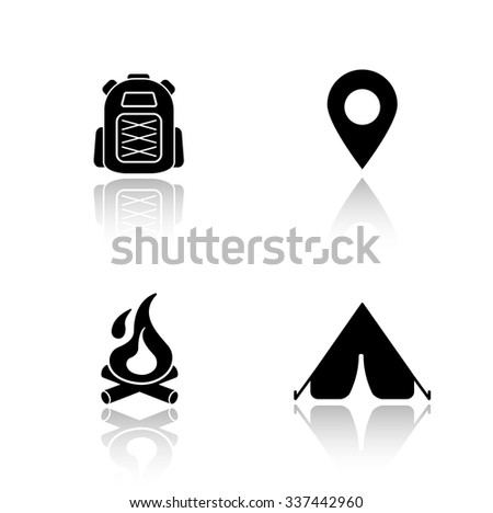 Camping drop shadow icons set. Hiking backpack, map pin mark, campfire, tourist camp tent. Outdoor recreation and travel equipment. Cast shadow logo concepts. Vector black silhouette illustrations