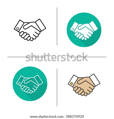 Handshake flat design, linear and color icons set. Business agreement. Partnership contour and long shadow symbols. Handshake logo concepts. Shaking hands isolated vector illustrations