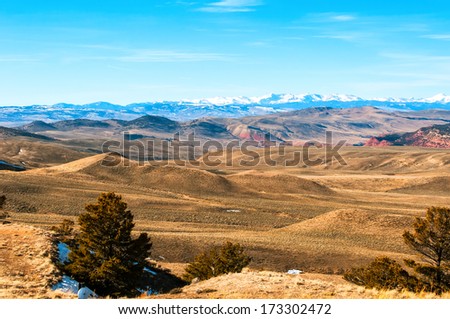 Wind River range of the Rocky Mountains as see from the top of Beaver Rim in central Wyoming, USA