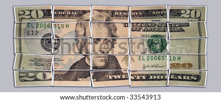 American Twenty dollar bill cut up into pieces representing the small portions to be doled out to each bill collector.