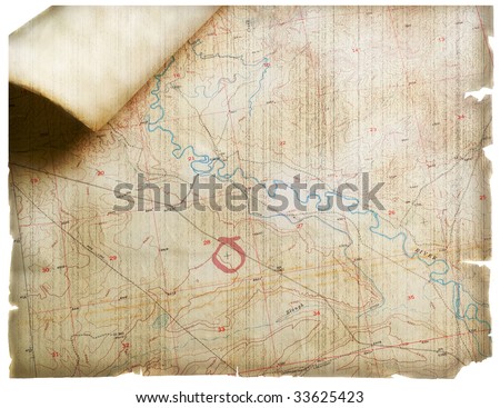 Modern topo map rendered with an old parchment look. Circled x makes it a treasure map.