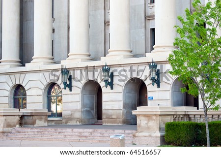 Columns and entrance to the weld county court house in Greeley, Colorado USA.