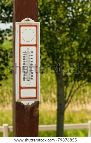 Vintage thermometer showing 75 degrees fahrenheit and 24 degrees Celsius