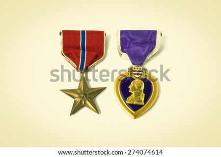 USA army medals for valor and wounds from active combat. Retro instagram look.