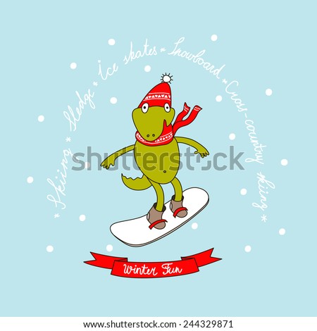 Funny Cartoon Dinosaur Snowboarding. Winter Emblem. Children club. Sport competition.