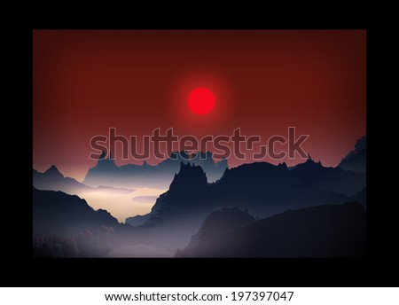 Sunrise sunset landscape. Red sun. Blue Mountains.