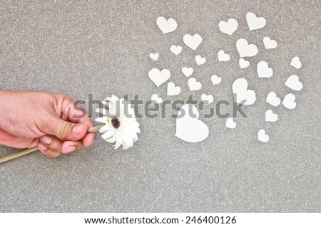 flower of love (hand giving white flower with paper cut in heart shape)
