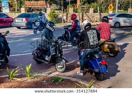 Chantaburi, Thailand September 6,  2015 : Group of VESPA motorcycle riders in the street at Nean-Nang-Phaya view piont in Chantaburi town,Thailand.