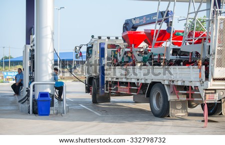 Thailand 2015 oct 28,Truck refill fuel at local gas station in Trat province, Thailand.