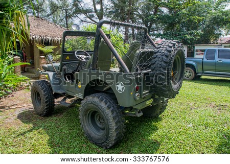 Thailand 2015 Oct 28, Jeep truck parking at rest area of Bann-Cheun beach,Trat province,Thailand.