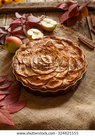 Homemade sweet traditional apple pastry cake for holiday celebration with cinnamon and apples on vintage wooden background. Autumn decor. Rustic style and natural light.