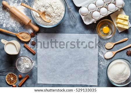 Dough preparation recipe bread, pizza or pie ingridients, food flat lay on kitchen table background. Working with butter, milk, yeast, flour, eggs, sugar pastry or bakery cooking. Text space
