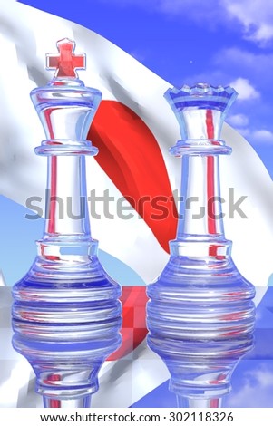 Clear King and Queen Chess Pieces with the Japanese Flag and a Blue Sky Background
