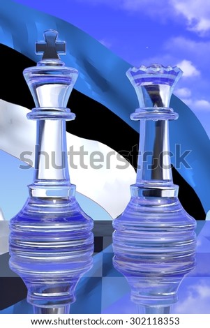 Clear King and Queen Chess Pieces with the Estonian Flag and a Blue Sky Background