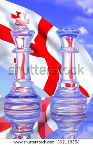 Clear King and Queen Chess Pieces with the Georgian Flag and a Blue Sky Background