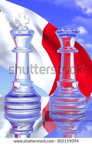 Clear King and Queen Chess Pieces with the Maltese Flag and a Blue Sky Background