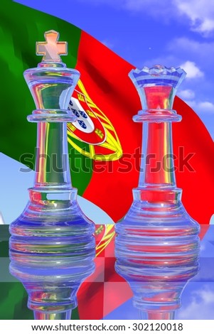 Clear King and Queen Chess Pieces with the Portuguese Flag and a Blue Sky Background