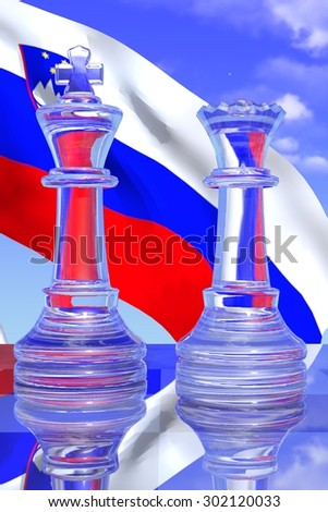 Clear King and Queen Chess Pieces with the Slovenian Flag and a Blue Sky Background