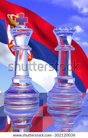 Clear King and Queen Chess Pieces with the Serbian Flag and a Blue Sky Background