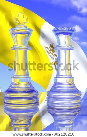 Clear King and Queen Chess Pieces with the Vatican City Flag and a Blue Sky Background