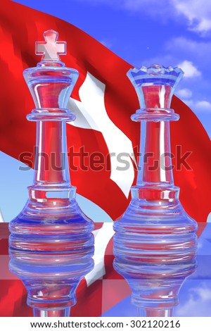 Clear King and Queen Chess Pieces with the Swiss Flag and a Blue Sky Background