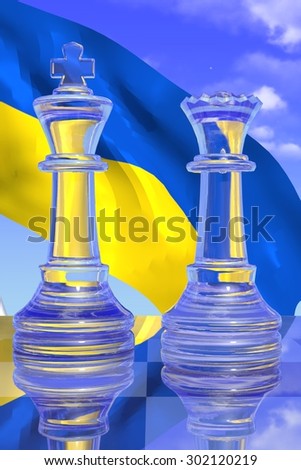 Clear King and Queen Chess Pieces with the Ukrainian Flag and a Blue Sky Background