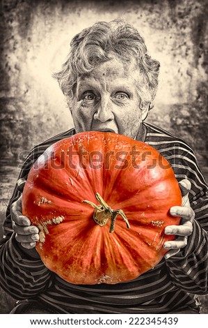 Halloween theme. Portrait of an old woman eating a big ripe pumpkin freshly harvest in autumn. Studio shoot and mixed color image.