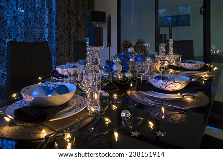 christmas eve table setting with ornament, new year eve table setting