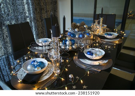 christmas eve table setting with ornament, new year eve table setting