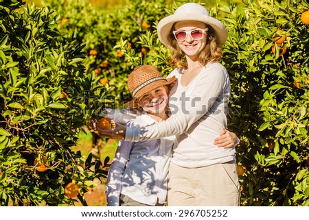 Smiling happy mother and son harvesting oranges and mandarins at citrus farm. Family picking oranges, mandarines and lemons on sunny summer day