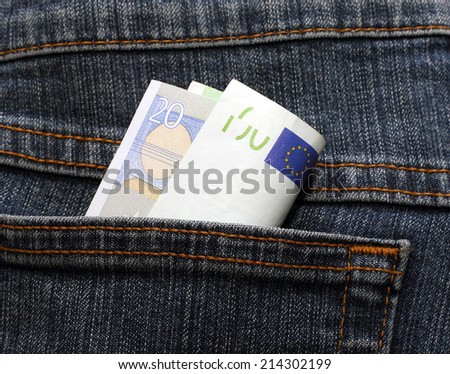 European currency banknotes in jeans pocket one hundred and twenty