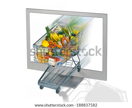 Shopping Cart with food and monitor as a symbol for online shopping.