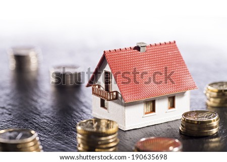 Model house is surrounded by several stacks of coins.