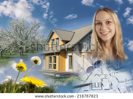 Collage with real estate, blueprint, a garden and a smiling young woman.