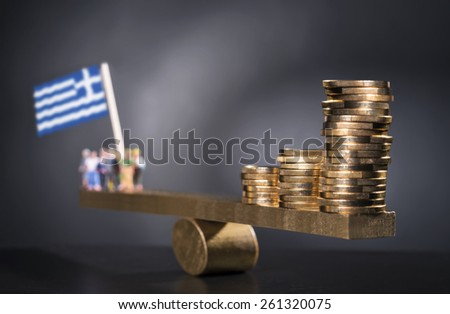 Seesaw with coins on one side and a group of people with the Greek flag on the other side.