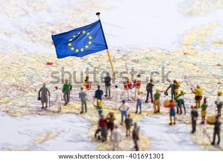 Europe map with European flag and a large group of figures.