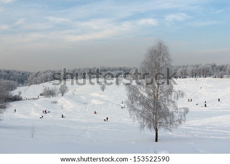 Landscape with trees in frost winter park. Skating with hills