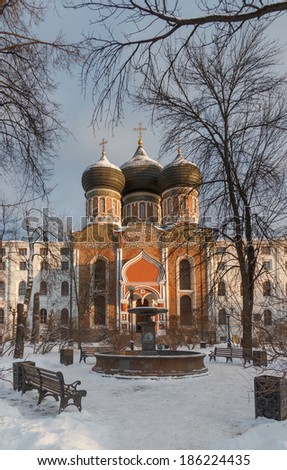 Moscow. Izmaylovsky island winter, Cathedral of the Intercession of the Virgin and military housing almshouses