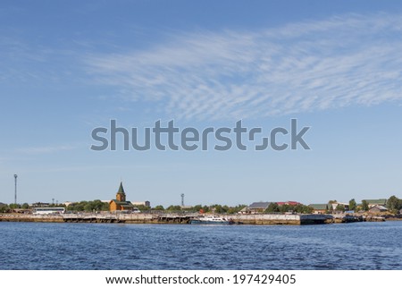 Russian North. Pier in Rabocheostrovsk (Kem) summer day