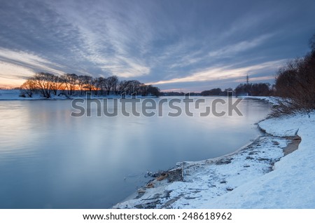 March evening landscape on the river. Russia, Moscow river near the city Kolomna