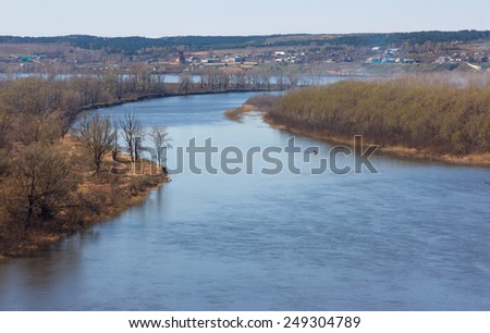 Spring landscape with the river from the high bank. Kama River, Republic of Tatarstan, Russia