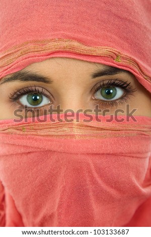 young woman with a veil, close up portrait, studio picture